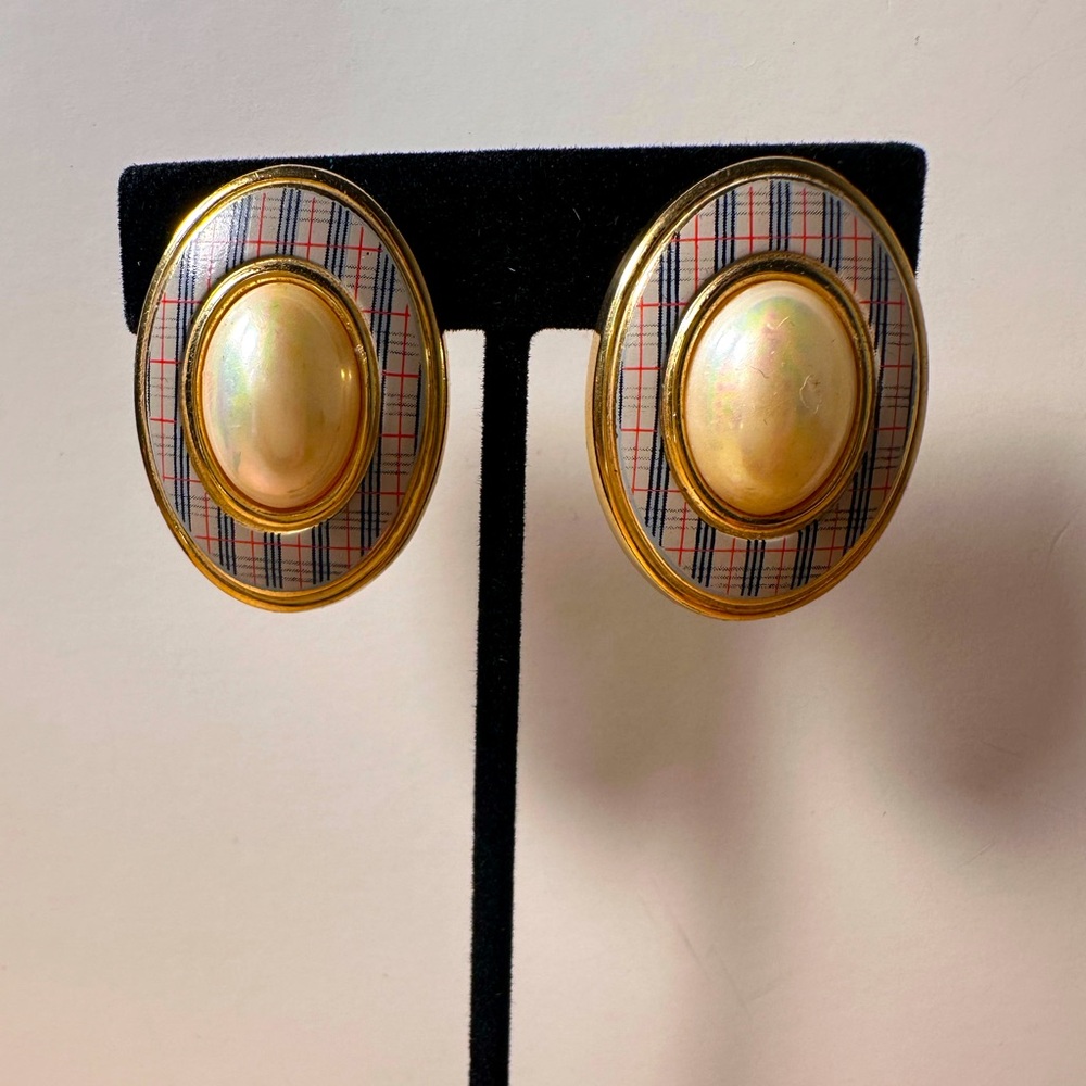 Burberry's Rare Nova check pearl design Gold Plated Clip On Earrings